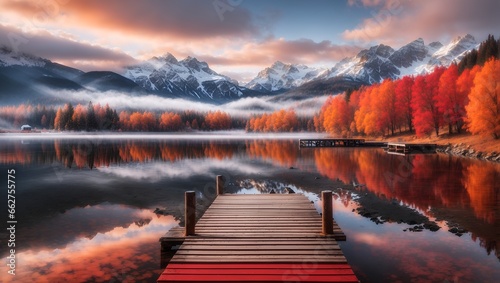 photo of a beautiful view of a wooden pier and lake in the middle of the forest in autumn made by AI generative photo