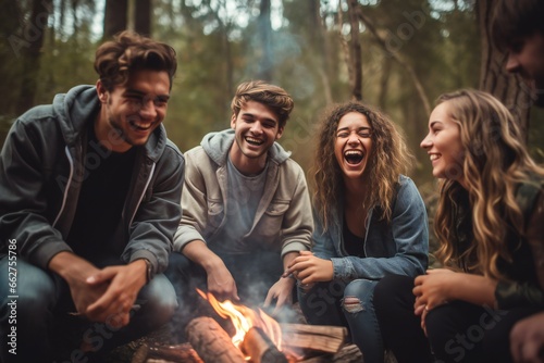 group of millennials laughing and bonding around a campfire, embodying friendship and fun during a wilderness camping adventure