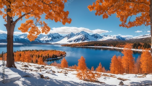 photo of a blue lake view in autumn with a beautiful mountain background made by AI generative

 photo