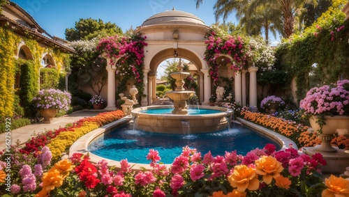 photo of a flower garden with various colors with a beautiful fountain pool, made by AI generative © M.Taufiq