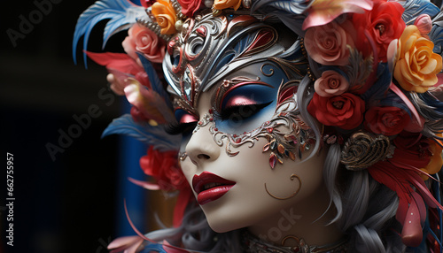 Elegant beauty, disguised in a carnival mask, travels through cultures generated by AI