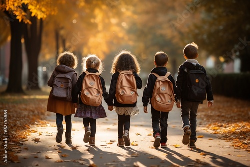 group of young children walking together in friendship, embodying the back-to-school concept on their first day of school © JAYDESIGNZ