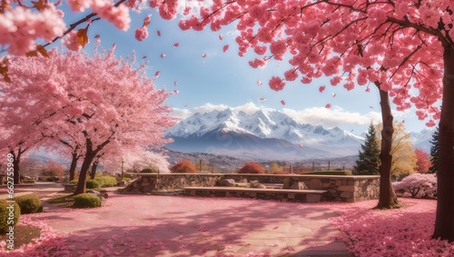 photo of a beautiful garden view of cherry blossom trees with a beautiful snow mountain background made by AI generative photo