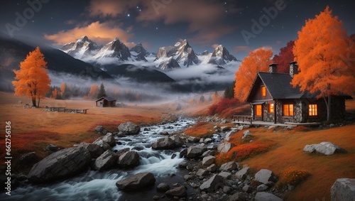 photo of wooden cottage landscape in autumn against the background of snowy mountains made by AI generative