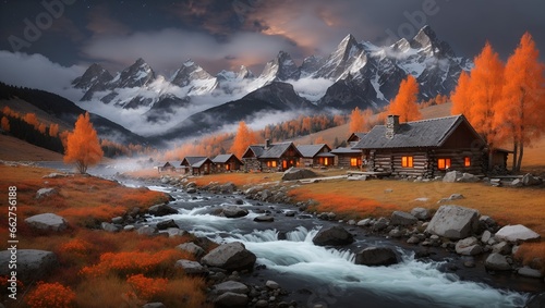 photo of a view of a wooden cabin in autumn with snowy mountains in the background made by AI generative photo