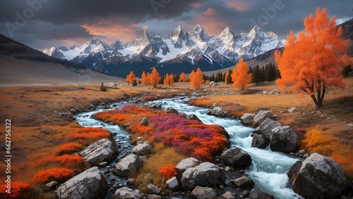 photo of a meadow view in autumn with a river with clear water against a backdrop of mountains made by AI generative