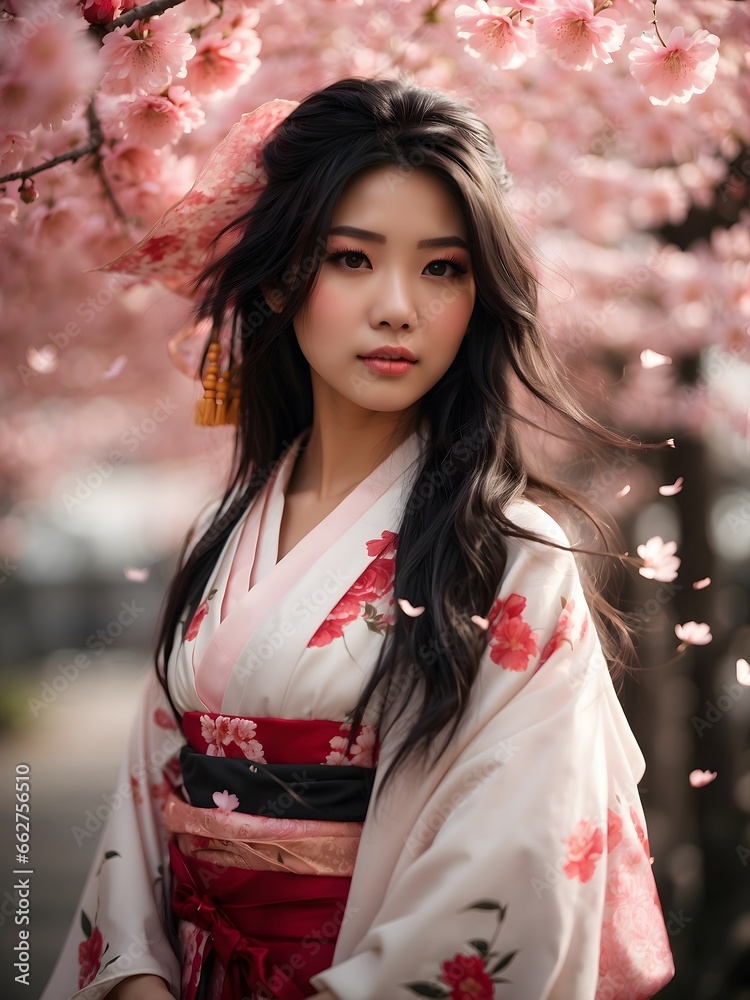 A Japanese woman with a cute and beautiful face long black hair wearing a white and red kimono A Japanese woman with a cute and beautiful face long black hair wearing a white and red kimono