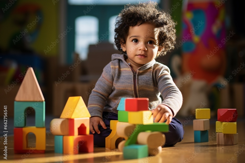 A lifestyle photograph of a young toddler playing with colorful wooden block toys A lifestyle photograph of a young toddler playing with colorful wooden block toys