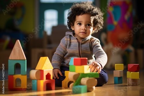A lifestyle photograph of a young toddler playing with colorful wooden block toys