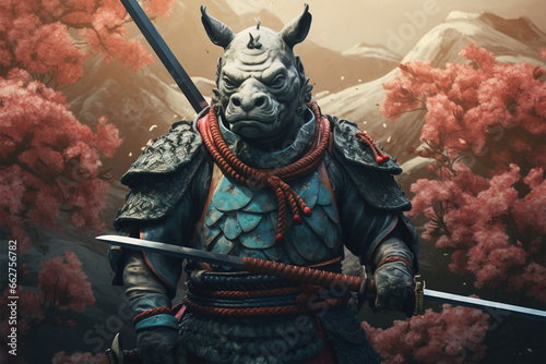 samurai style illustration, a rhinoceros warrior