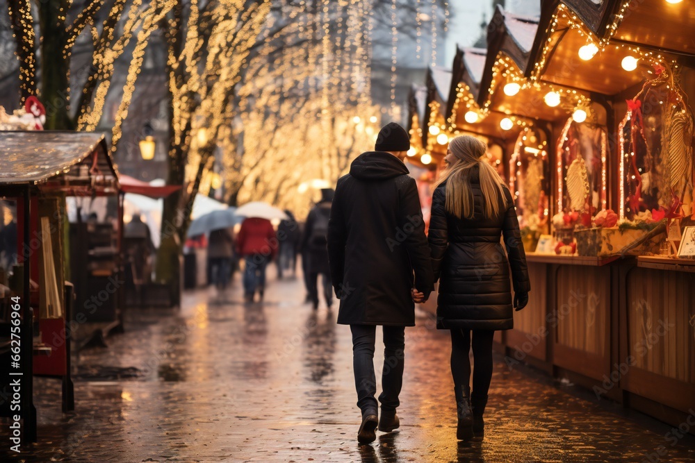 Enjoying Christmas Market, a couple walking near stalls Enjoying Christmas Market, a couple walking near stalls
