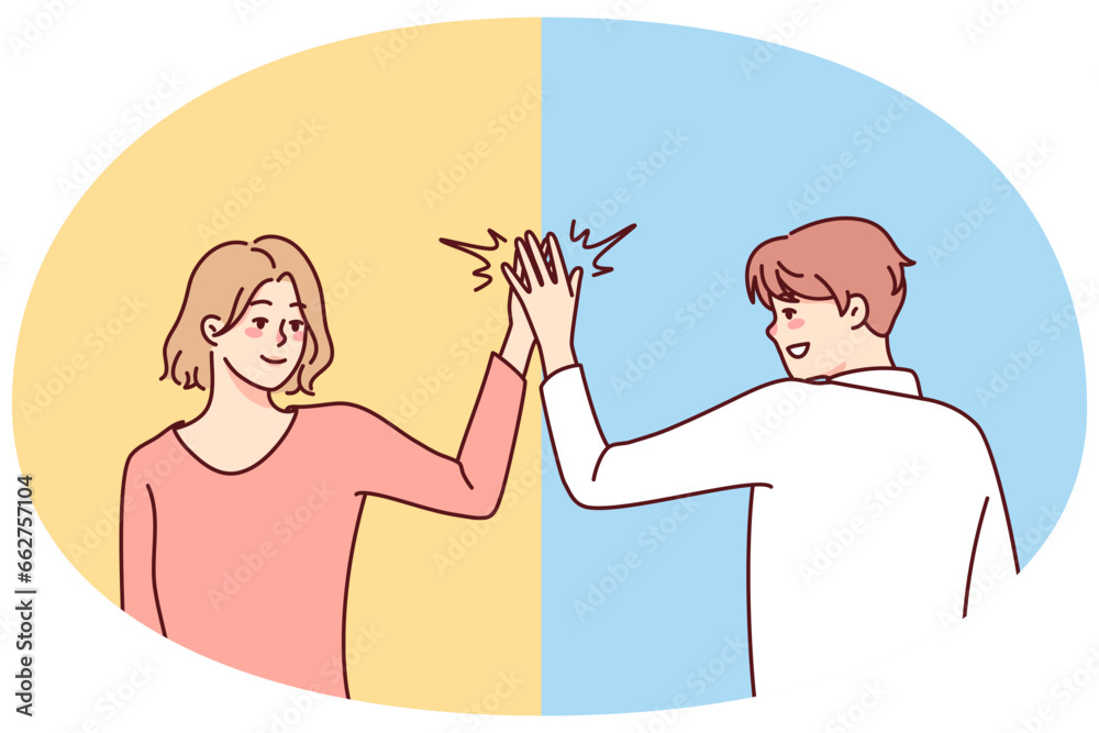 Happy man and woman give high five. Smiling people greeting outdoors. Body language and nonverbal communication. Vector illustration. Happy man and woman give high five. Smiling people greeting outdoors. Body language and nonverbal communication. Vector illustration.