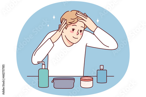 Young man looking in mirror take care of face and hair. Male metrosexual do beauty morning routine. Cosmetology and hygiene. Vector illustration.