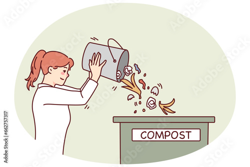 Woman throwing waste in compost container. Caring young female recycle organic trash sort garbage. Ecology conservation. Vector illustration.