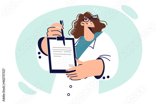 Woman doctor demonstrates clipboard with treatment plan or recommendation for recovery after surgery