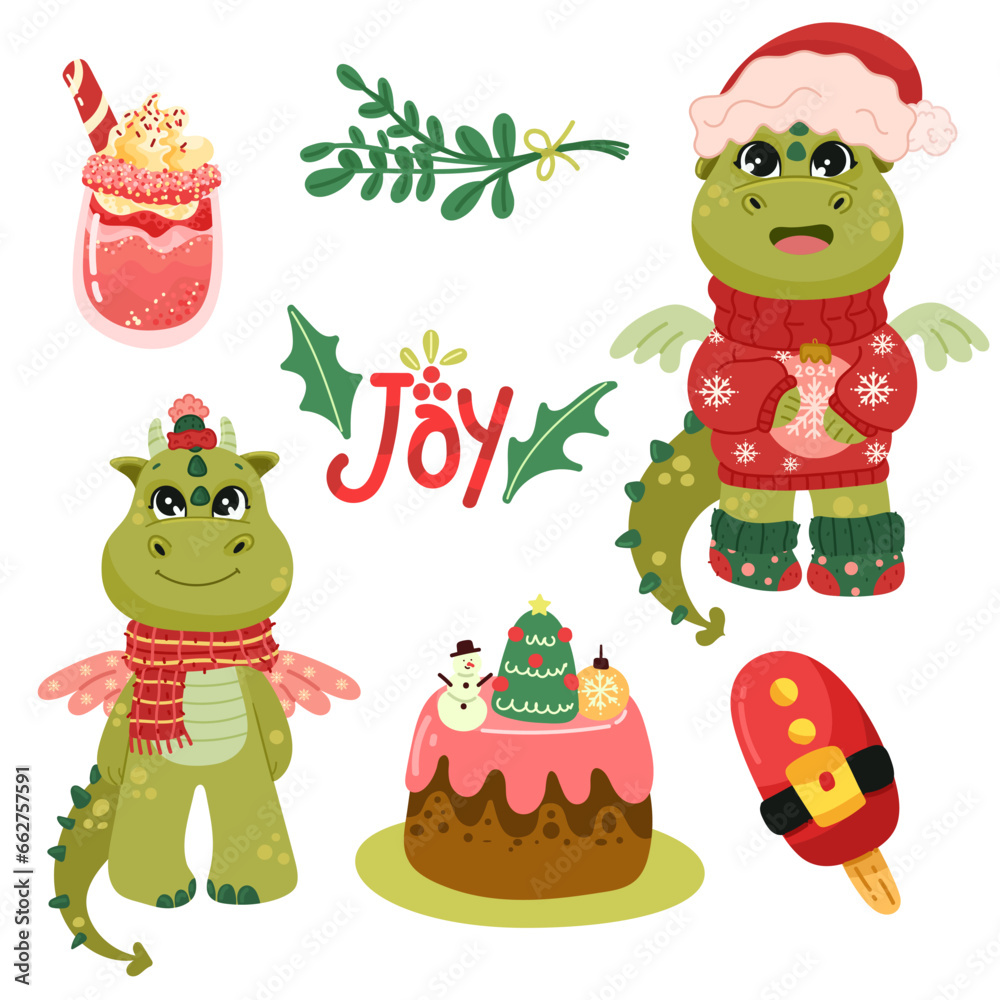 Happy new year set 2024 with cute dragons. Vector set of holiday icons: christmas cake, sweets, сhristmas sock, gift. Kids illustration for Christmas time. Scrapbook collection. Winter greeting card. 
