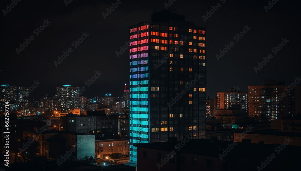 Silhouette of futuristic skyscrapers glow in multi colored city skyline generated by AI