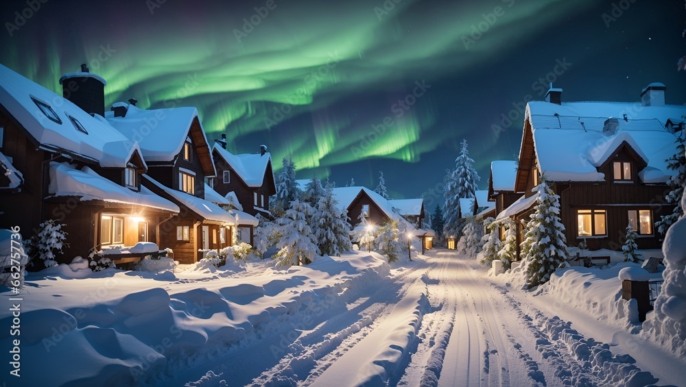 photo of a rural village during winter at night with the aurora in the sky made by AI generative

