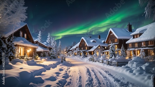 photo of a rural village during winter at night with the aurora in the sky made by AI generative

