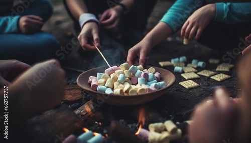Crafting homemade s'mores brings joy and togetherness outdoors generated by AI