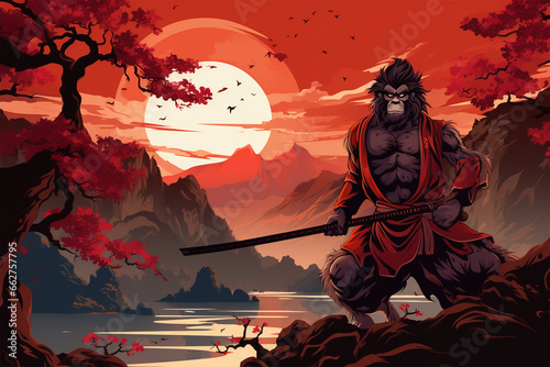 samurai style illustration, a monkey warrior