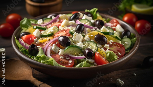Rustic Greek salad with feta, mozzarella, and fresh vegetables generated by AI
