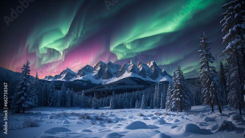 photo of forest views at night during snow and beautiful aurora made by AI generative photo