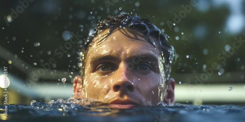 Close-up of a swimmer s face emerging from the water.
