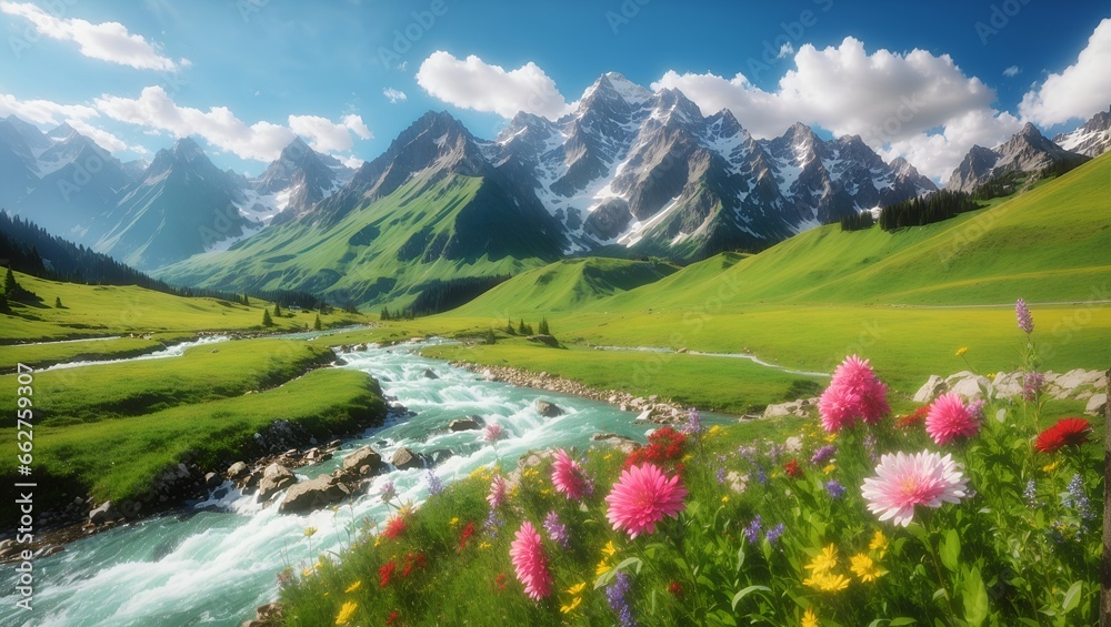 photo of the view on the vast green grass with beautiful rivers and flowers with a mountain background made by AI generative