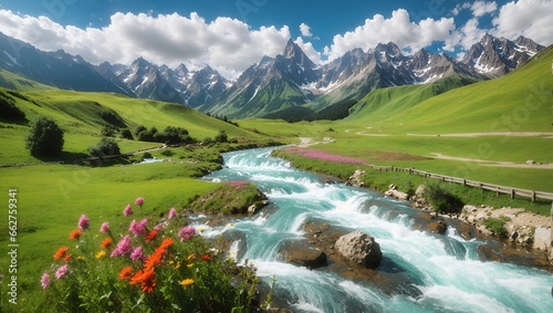 photo of the view on the vast green grass with beautiful rivers and flowers with a mountain background made by AI generative
