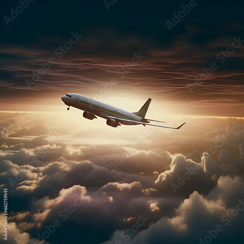 Airplane in the clouds at sunset. 3d render illustration.