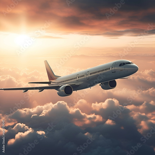 Passenger airplane flying above the clouds at sunset. 3d render
