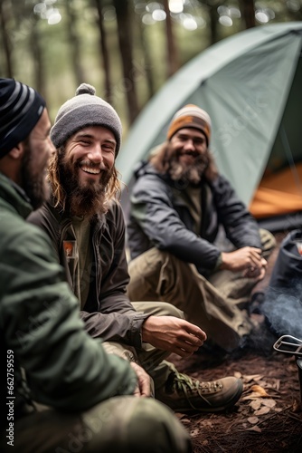 A group of happy friends sitting and camping with tents  having fun  campfire  in the forest woodlands