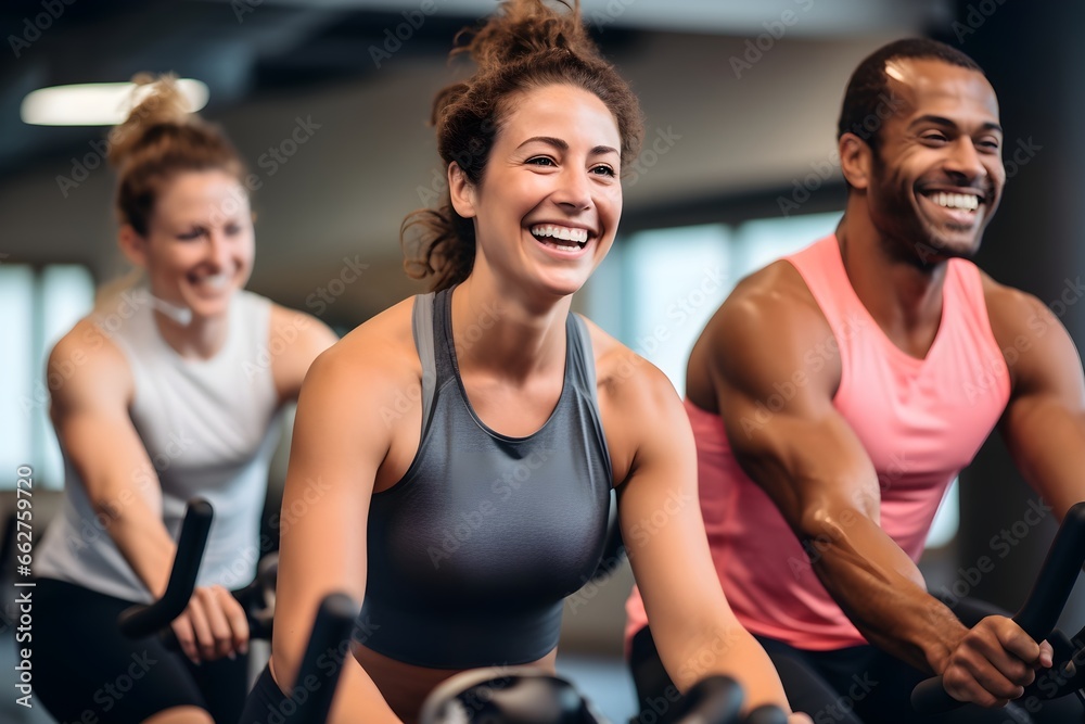 Group of sporty people having spinning class at gym. Sport, lifestyle and healthcare concept