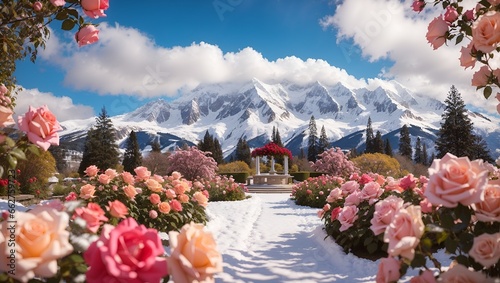 photo of a flower garden with various colors during winter with a background of snowy mountains made by AI generative photo