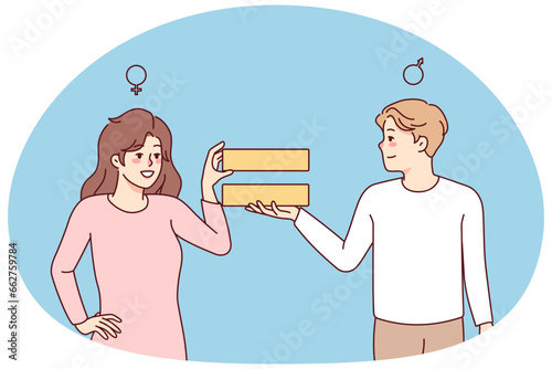 Smiling man and woman holding equality sign. Happy male and female cartoons character show gender equality and rights. Vector illustration.