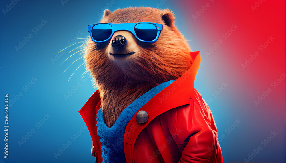 Cool looking beaver wearing funky fashion dress - bright red jacket, vest, sunglasses. Wide blue banner with space for text right side. Stylish animal posing as supermodel