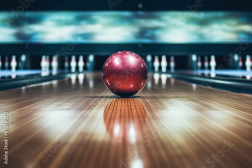 Purple bowling ball on the lane with blurred background of pins. photo