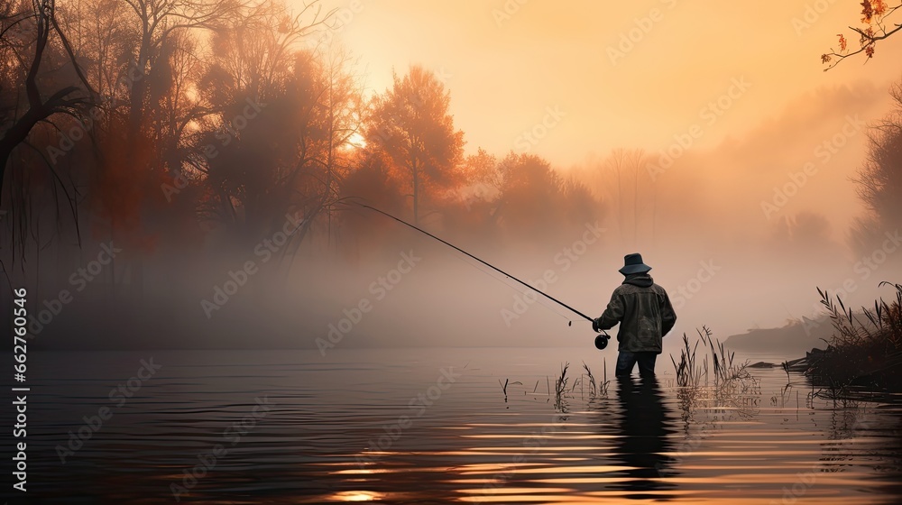 fisherman with a fishing rod catches fish on the river fisherman with a fishing rod catches fish on the river