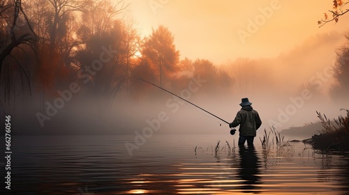 fisherman with a fishing rod catches fish on the river