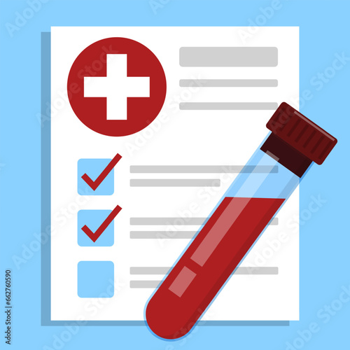 Blood analysis vector isolated. Blood in the test tube and report on paper sheet behind. Chemical analysis, health check. Concept of science, biology and medicine.