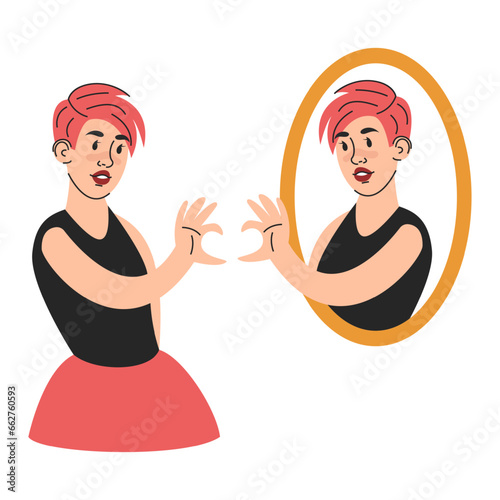 Woman looking in the mirror and loves her reflection vector isolated. Concept of self love, happy girl shows heart symbol with the reflection. Happy woman, self acceptance