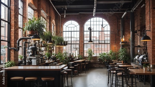 cafe with classic style with brick walls with lots of ornamental plants, made by AI generative
