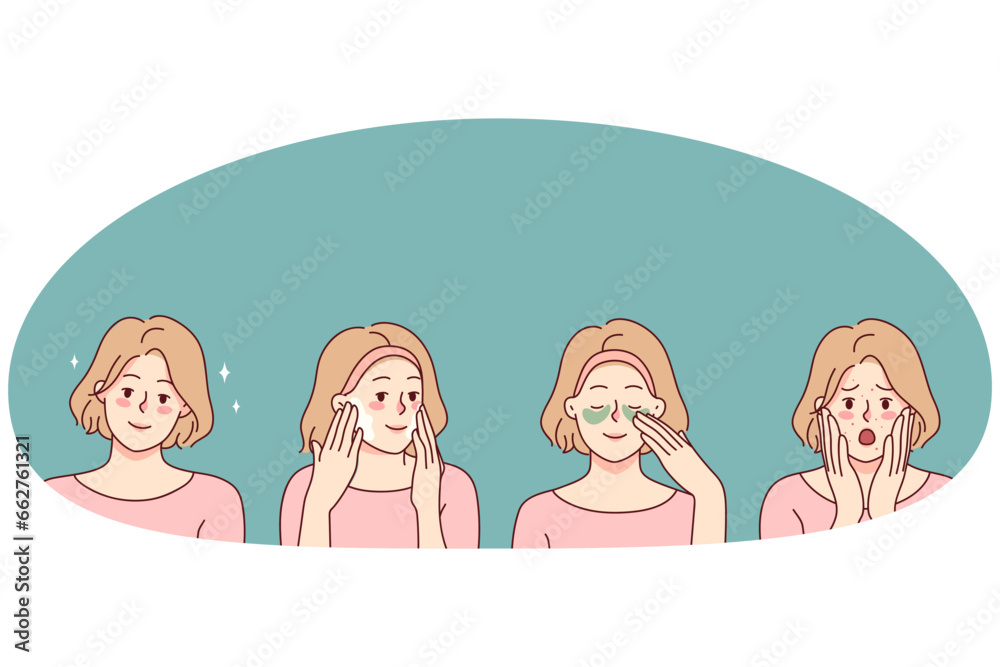 Woman with acne try new beauty product see excellent skin results. Girl before and after skincare treatment. Cosmetology and dermatology. Vector illustration. Woman with acne try new beauty product see excellent skin results. Girl before and after skincare treatment. Cosmetology and dermatology. Vector illustration.