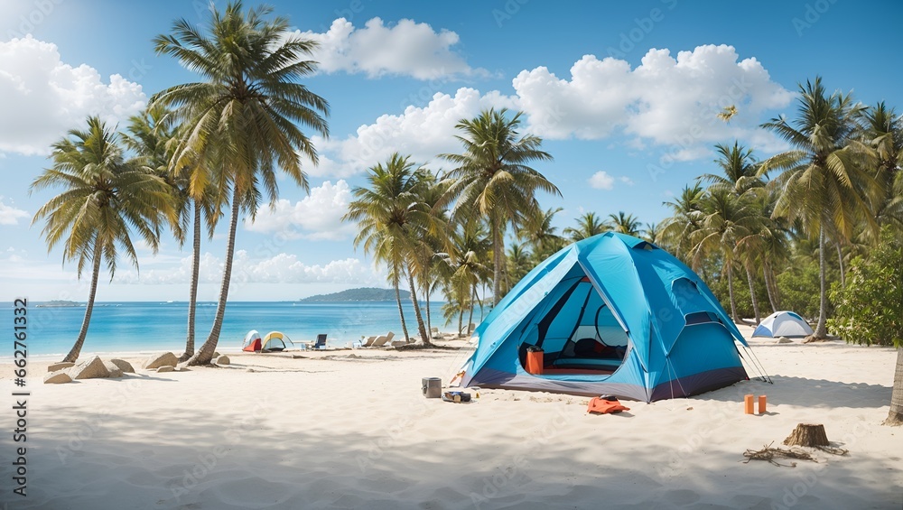 photos of the campsite on the beach in summer made by AI generative