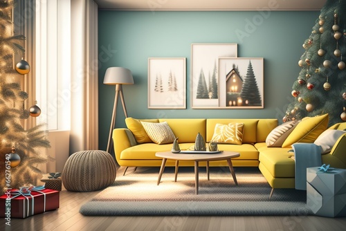 Angular shot of a pastel-toned Christmas living room: light yellow and wood accents, tree with gifts, board game on central carpet, large window, and Pixar-inspired lighting. Holiday coziness defined. photo