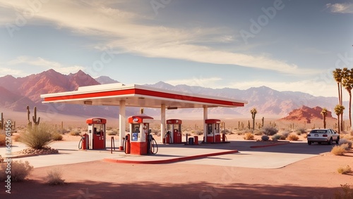 photo of a view of a gas station in the middle of the desert, made by AI generative