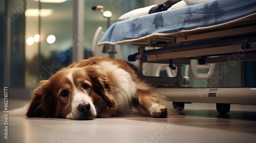 Loyal dog and hospital bed. Emotional and mental support for patient suffering from illness or disease. Dog sorrow and mourning from loss of its owner. Deep bond between humans and pets