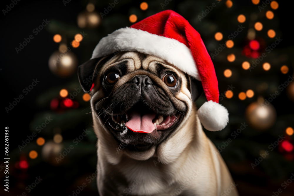 A happy pug wearing a Santa Claus hat, sitting in front of a Christmas tree, bokeh background
