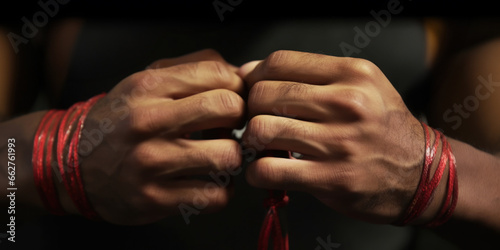 Close-up of hands wrapped around knuckles with red martial arts laces before sparring.